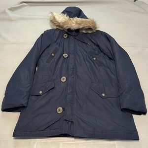 J Crew Navy Women Faux Fur Hood Long Parka Winter‎ Coat ALT down Y2K Preppy-M-